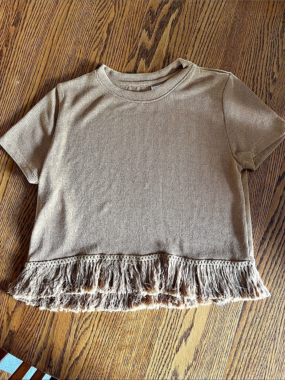 Hayden Crop Style Short Sleeve Fringe Knit Top in Brown Size Large